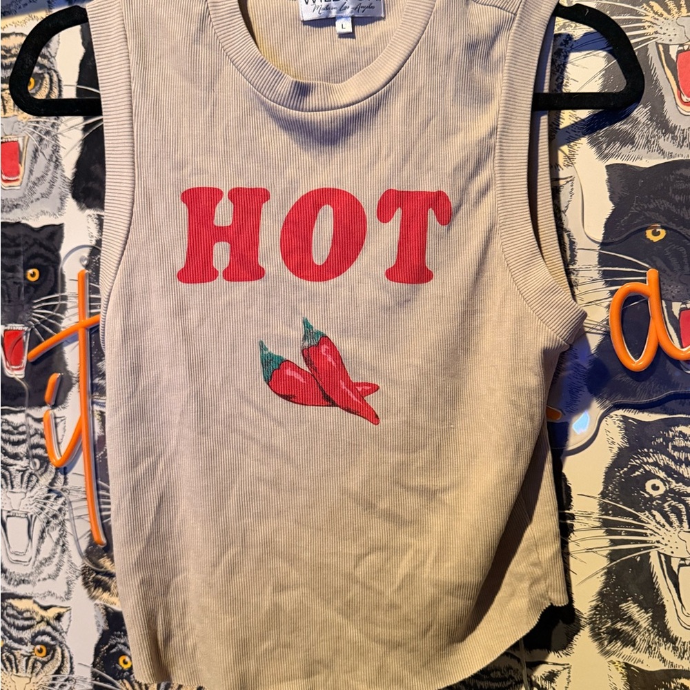 Wildfox ‘HOT’ Peppers Graphic Ribbed Cropped Tank Top in Beige with Red Print